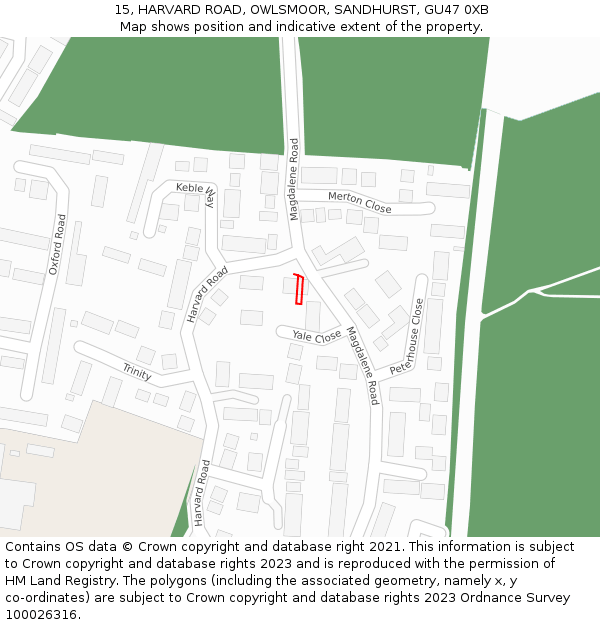 15, HARVARD ROAD, OWLSMOOR, SANDHURST, GU47 0XB: Location map and indicative extent of plot