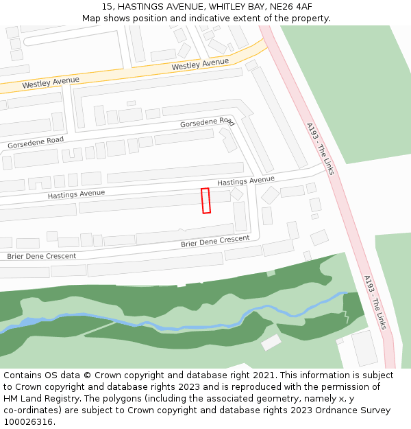 15, HASTINGS AVENUE, WHITLEY BAY, NE26 4AF: Location map and indicative extent of plot