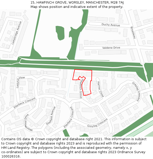 15, HAWFINCH GROVE, WORSLEY, MANCHESTER, M28 7AJ: Location map and indicative extent of plot