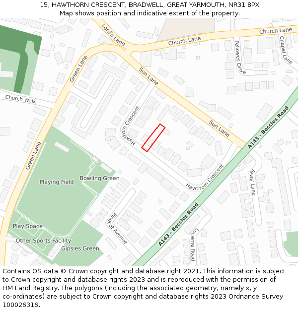 15, HAWTHORN CRESCENT, BRADWELL, GREAT YARMOUTH, NR31 8PX: Location map and indicative extent of plot