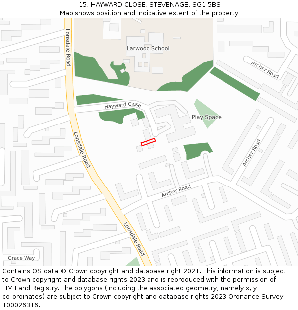 15, HAYWARD CLOSE, STEVENAGE, SG1 5BS: Location map and indicative extent of plot