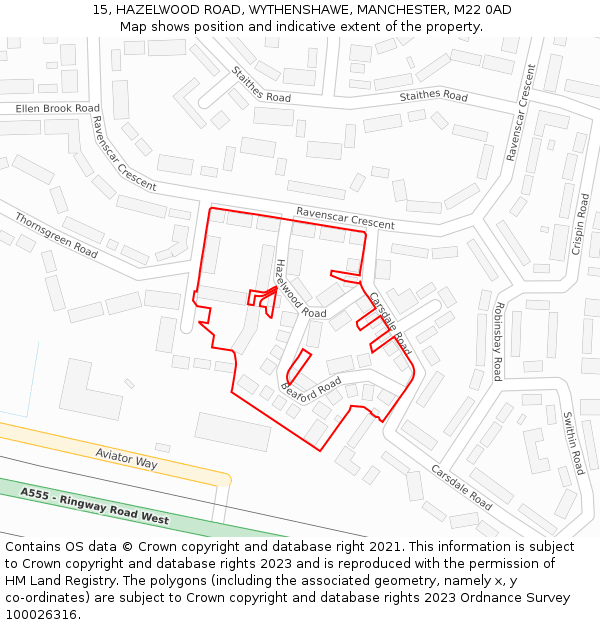 15, HAZELWOOD ROAD, WYTHENSHAWE, MANCHESTER, M22 0AD: Location map and indicative extent of plot