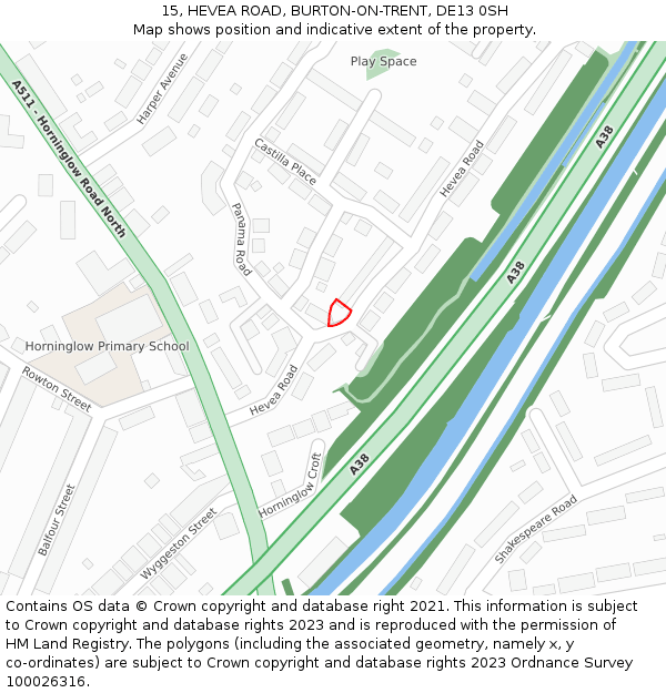15, HEVEA ROAD, BURTON-ON-TRENT, DE13 0SH: Location map and indicative extent of plot