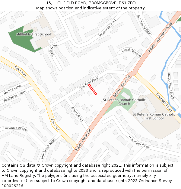 15, HIGHFIELD ROAD, BROMSGROVE, B61 7BD: Location map and indicative extent of plot
