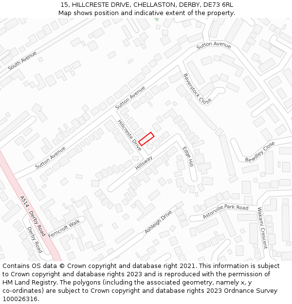 15, HILLCRESTE DRIVE, CHELLASTON, DERBY, DE73 6RL: Location map and indicative extent of plot