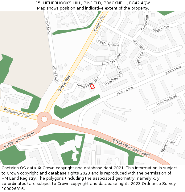 15, HITHERHOOKS HILL, BINFIELD, BRACKNELL, RG42 4QW: Location map and indicative extent of plot