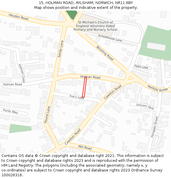 15, HOLMAN ROAD, AYLSHAM, NORWICH, NR11 6BY: Location map and indicative extent of plot