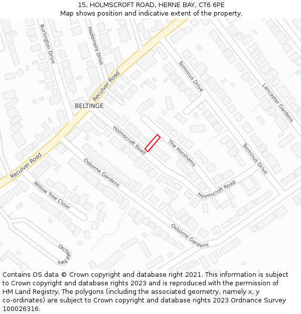 15, HOLMSCROFT ROAD, HERNE BAY, CT6 6PE: Location map and indicative extent of plot