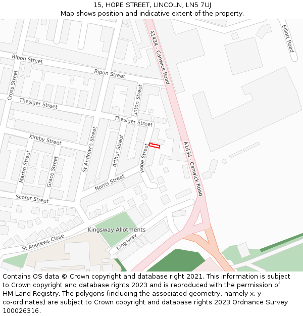 15, HOPE STREET, LINCOLN, LN5 7UJ: Location map and indicative extent of plot