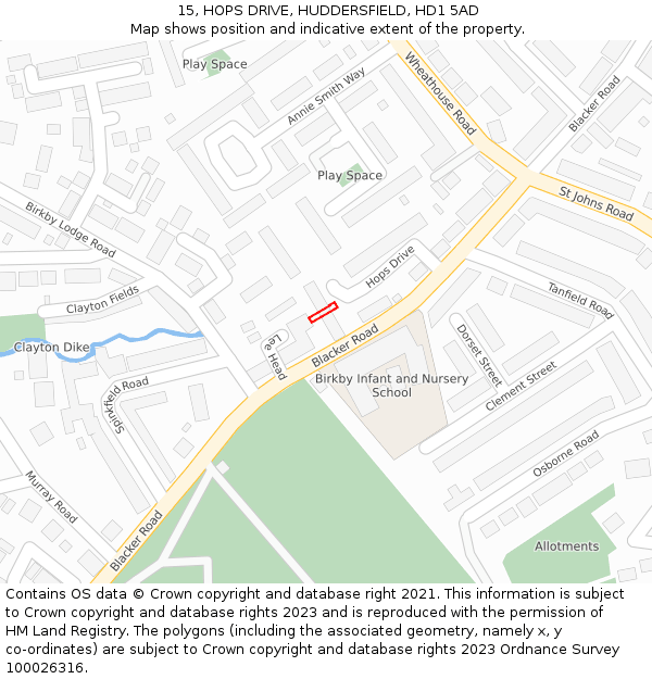 15, HOPS DRIVE, HUDDERSFIELD, HD1 5AD: Location map and indicative extent of plot