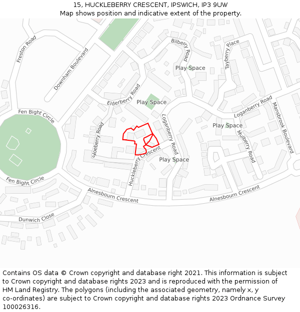 15, HUCKLEBERRY CRESCENT, IPSWICH, IP3 9UW: Location map and indicative extent of plot