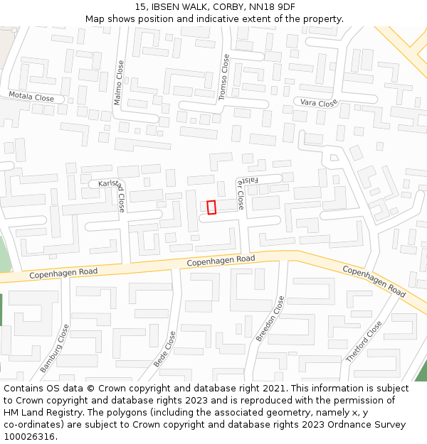 15, IBSEN WALK, CORBY, NN18 9DF: Location map and indicative extent of plot