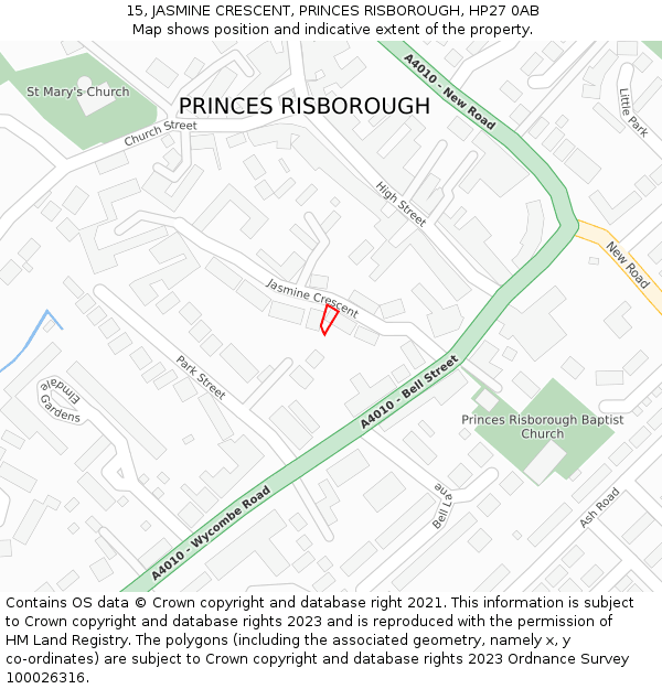 15, JASMINE CRESCENT, PRINCES RISBOROUGH, HP27 0AB: Location map and indicative extent of plot