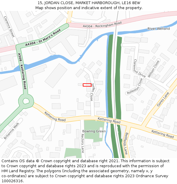 15, JORDAN CLOSE, MARKET HARBOROUGH, LE16 8EW: Location map and indicative extent of plot