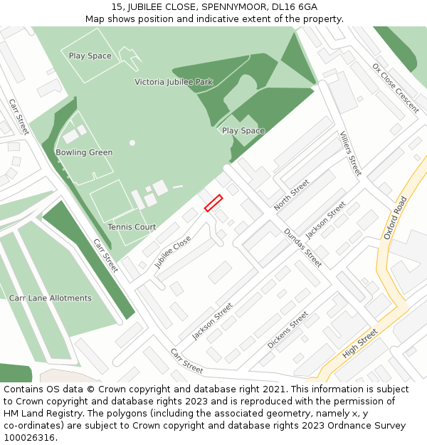 15, JUBILEE CLOSE, SPENNYMOOR, DL16 6GA: Location map and indicative extent of plot
