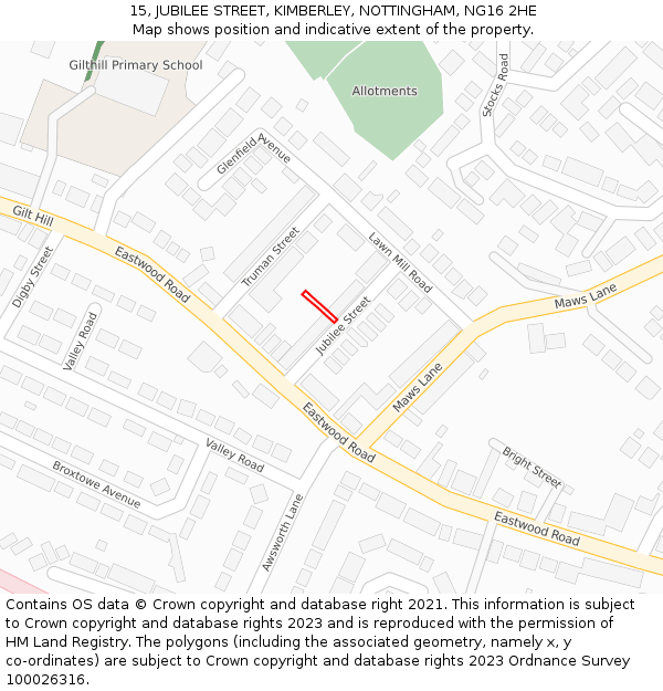15, JUBILEE STREET, KIMBERLEY, NOTTINGHAM, NG16 2HE: Location map and indicative extent of plot