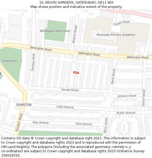 15, KELVIN GARDENS, GATESHEAD, NE11 9EX: Location map and indicative extent of plot