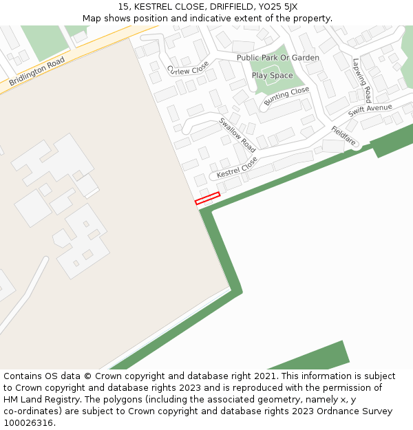 15, KESTREL CLOSE, DRIFFIELD, YO25 5JX: Location map and indicative extent of plot
