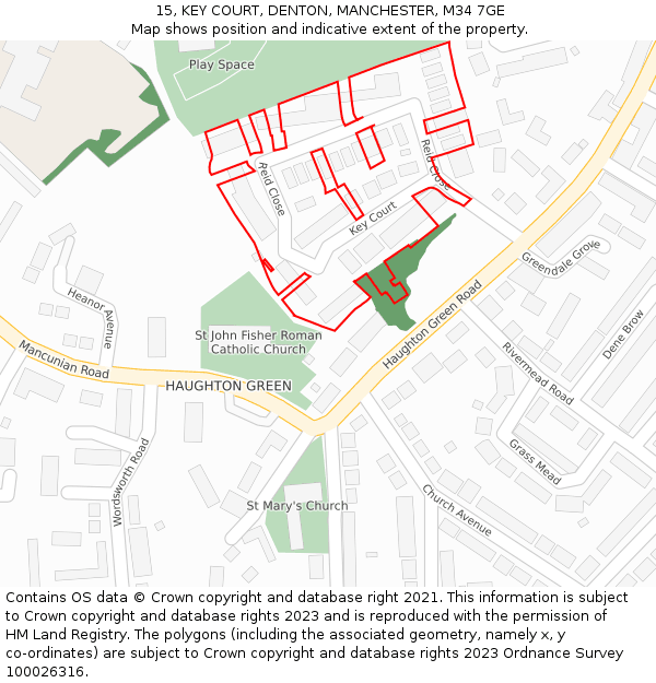 15, KEY COURT, DENTON, MANCHESTER, M34 7GE: Location map and indicative extent of plot