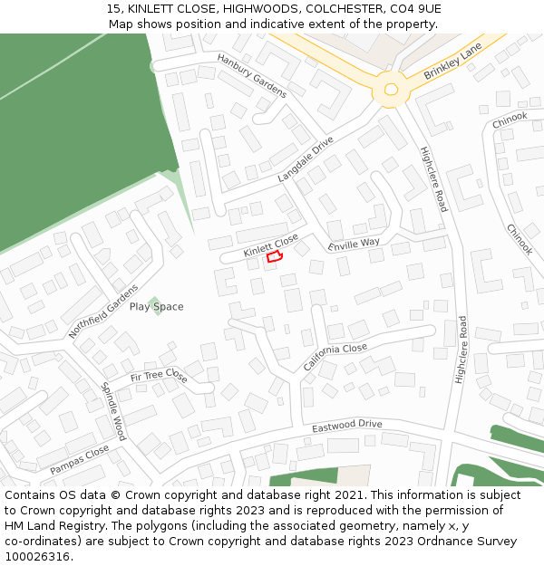 15, KINLETT CLOSE, HIGHWOODS, COLCHESTER, CO4 9UE: Location map and indicative extent of plot