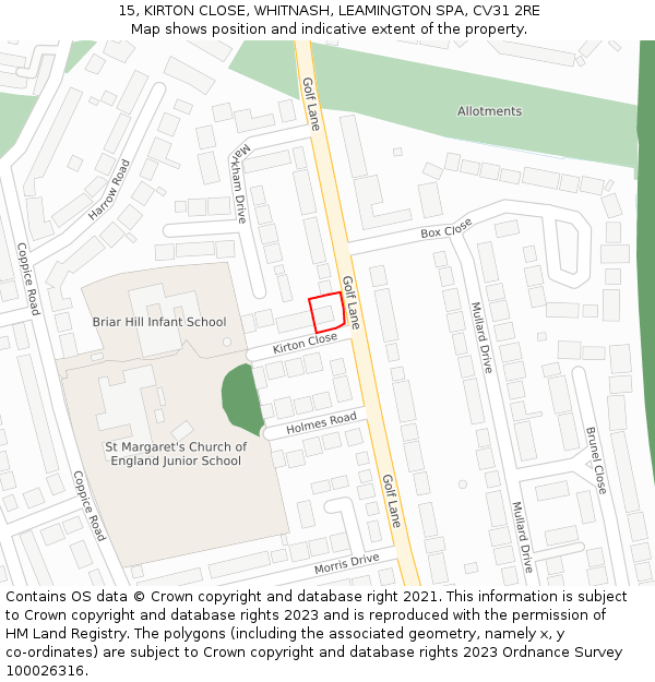 15, KIRTON CLOSE, WHITNASH, LEAMINGTON SPA, CV31 2RE: Location map and indicative extent of plot