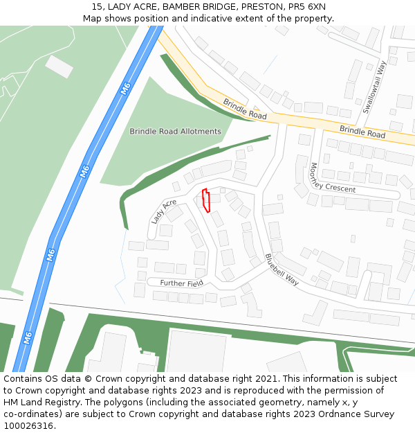 15, LADY ACRE, BAMBER BRIDGE, PRESTON, PR5 6XN: Location map and indicative extent of plot