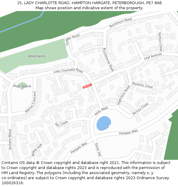 15, LADY CHARLOTTE ROAD, HAMPTON HARGATE, PETERBOROUGH, PE7 8AE: Location map and indicative extent of plot