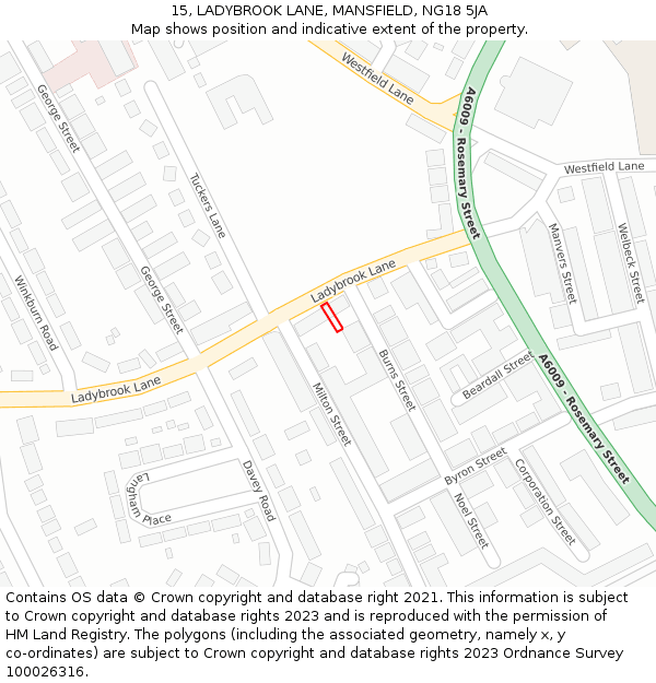 15, LADYBROOK LANE, MANSFIELD, NG18 5JA: Location map and indicative extent of plot