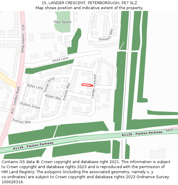 15, LANDER CRESCENT, PETERBOROUGH, PE7 0LZ: Location map and indicative extent of plot