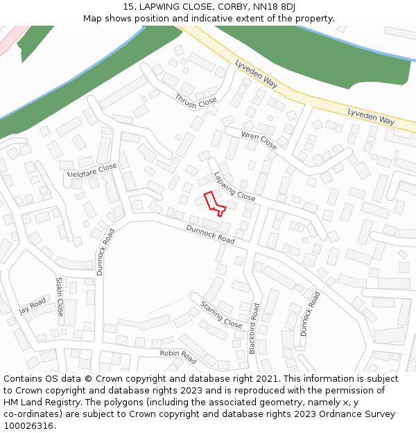 15, LAPWING CLOSE, CORBY, NN18 8DJ: Location map and indicative extent of plot