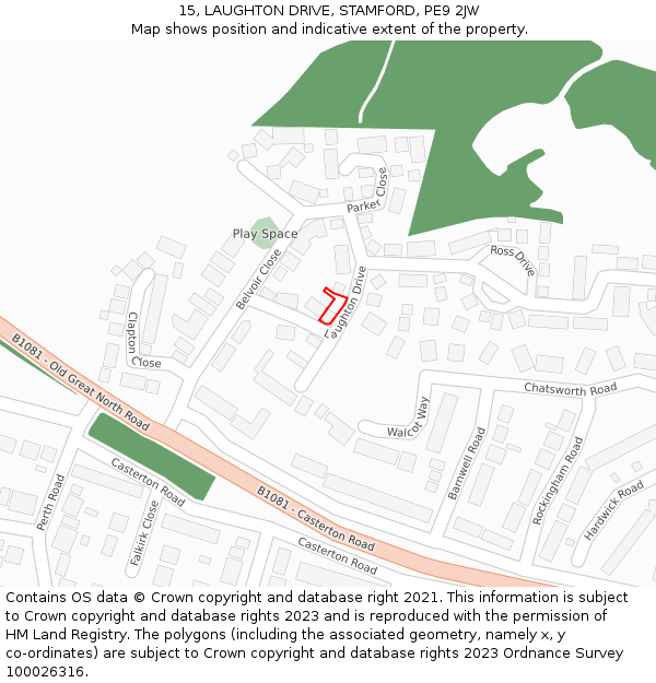 15, LAUGHTON DRIVE, STAMFORD, PE9 2JW: Location map and indicative extent of plot