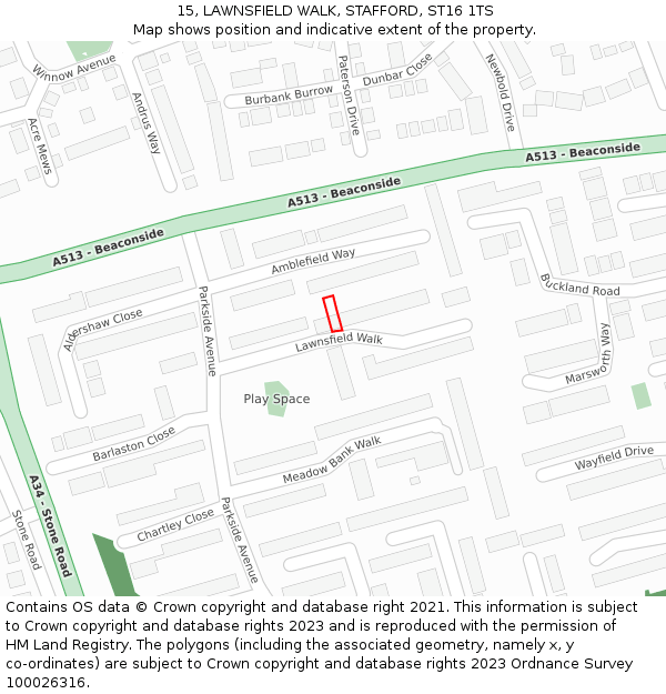 15, LAWNSFIELD WALK, STAFFORD, ST16 1TS: Location map and indicative extent of plot