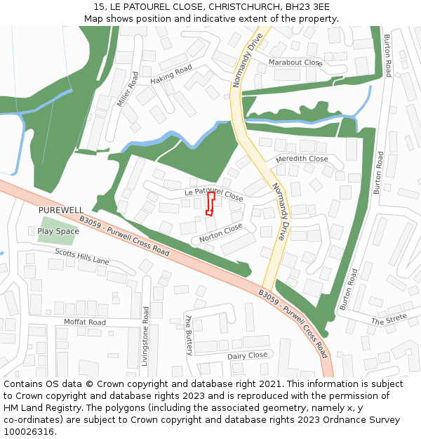15, LE PATOUREL CLOSE, CHRISTCHURCH, BH23 3EE: Location map and indicative extent of plot