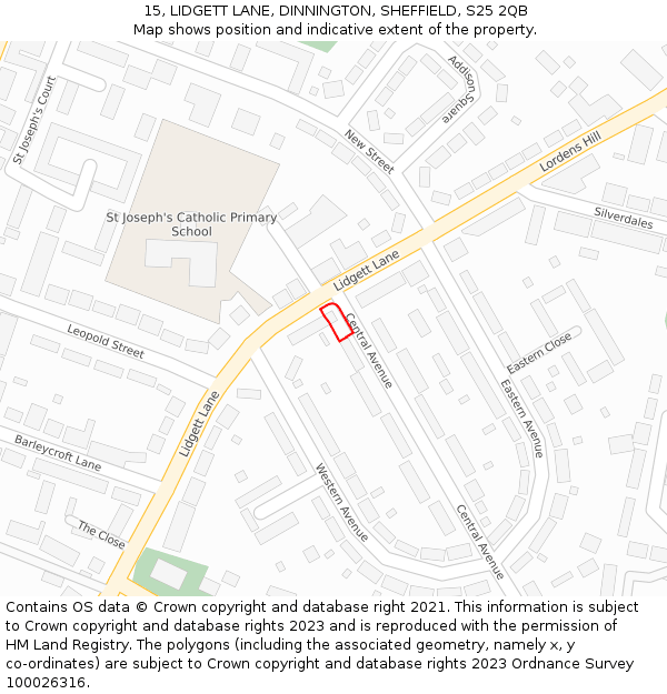 15, LIDGETT LANE, DINNINGTON, SHEFFIELD, S25 2QB: Location map and indicative extent of plot