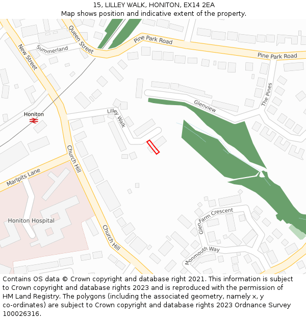 15, LILLEY WALK, HONITON, EX14 2EA: Location map and indicative extent of plot