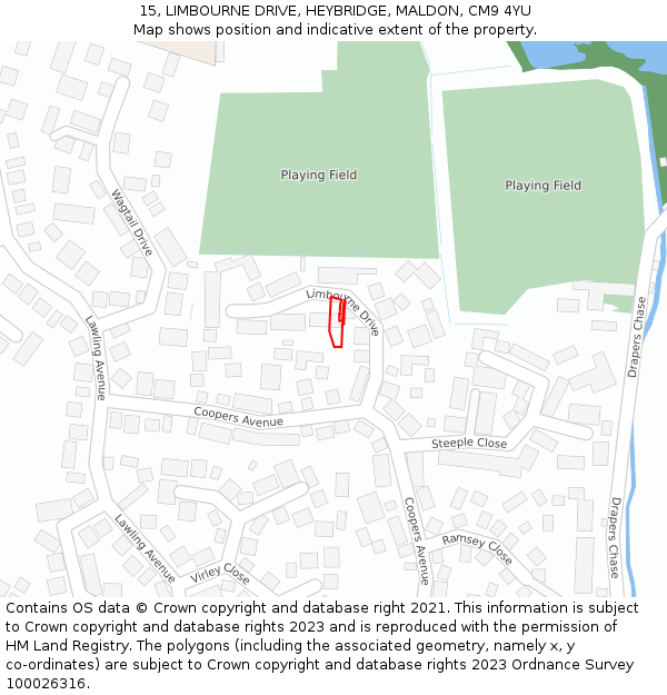 15, LIMBOURNE DRIVE, HEYBRIDGE, MALDON, CM9 4YU: Location map and indicative extent of plot