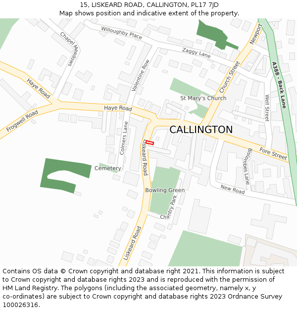 15, LISKEARD ROAD, CALLINGTON, PL17 7JD: Location map and indicative extent of plot