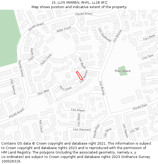 15, LLYS MIAREN, RHYL, LL18 4FZ: Location map and indicative extent of plot