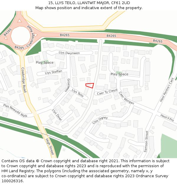 15, LLYS TEILO, LLANTWIT MAJOR, CF61 2UD: Location map and indicative extent of plot
