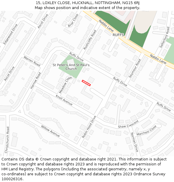 15, LOXLEY CLOSE, HUCKNALL, NOTTINGHAM, NG15 6RJ: Location map and indicative extent of plot