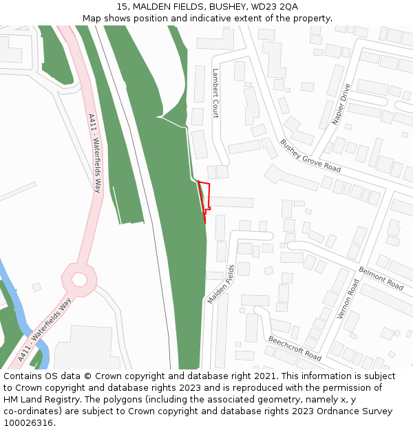 15, MALDEN FIELDS, BUSHEY, WD23 2QA: Location map and indicative extent of plot