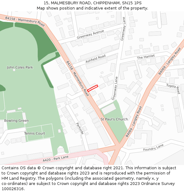 15, MALMESBURY ROAD, CHIPPENHAM, SN15 1PS: Location map and indicative extent of plot