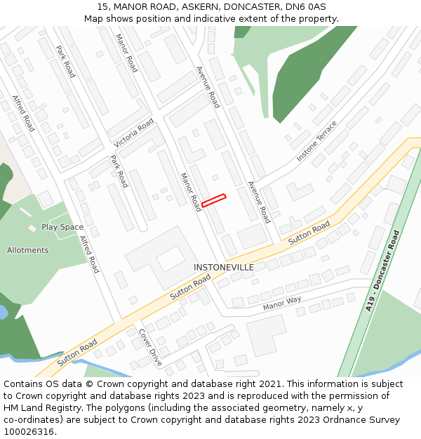 15, MANOR ROAD, ASKERN, DONCASTER, DN6 0AS: Location map and indicative extent of plot