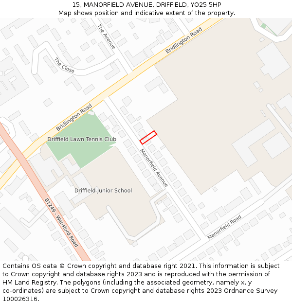 15, MANORFIELD AVENUE, DRIFFIELD, YO25 5HP: Location map and indicative extent of plot