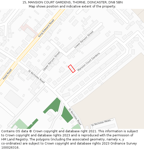 15, MANSION COURT GARDENS, THORNE, DONCASTER, DN8 5BN: Location map and indicative extent of plot