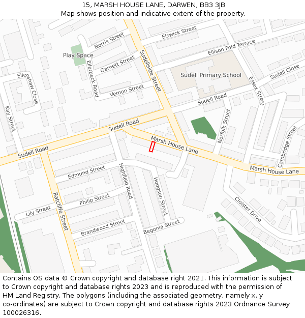 15, MARSH HOUSE LANE, DARWEN, BB3 3JB: Location map and indicative extent of plot
