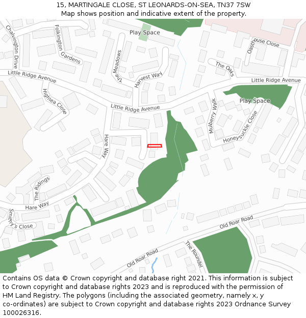 15, MARTINGALE CLOSE, ST LEONARDS-ON-SEA, TN37 7SW: Location map and indicative extent of plot