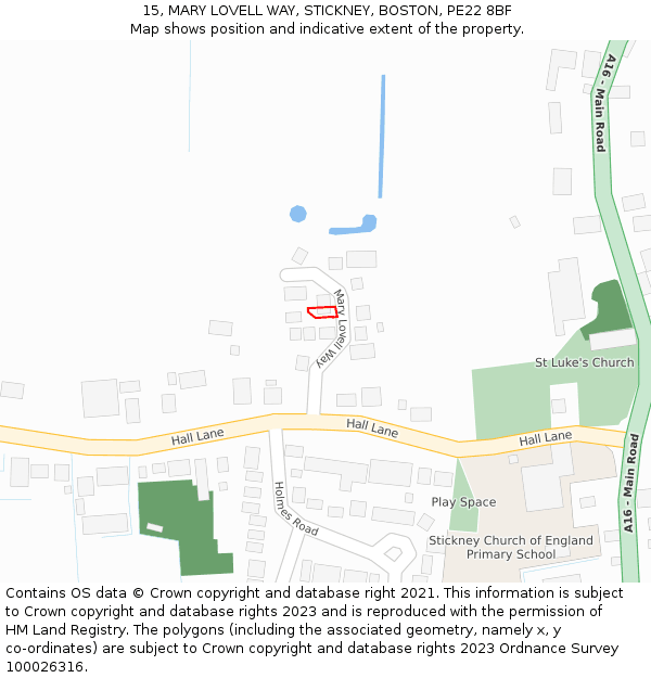 15, MARY LOVELL WAY, STICKNEY, BOSTON, PE22 8BF: Location map and indicative extent of plot
