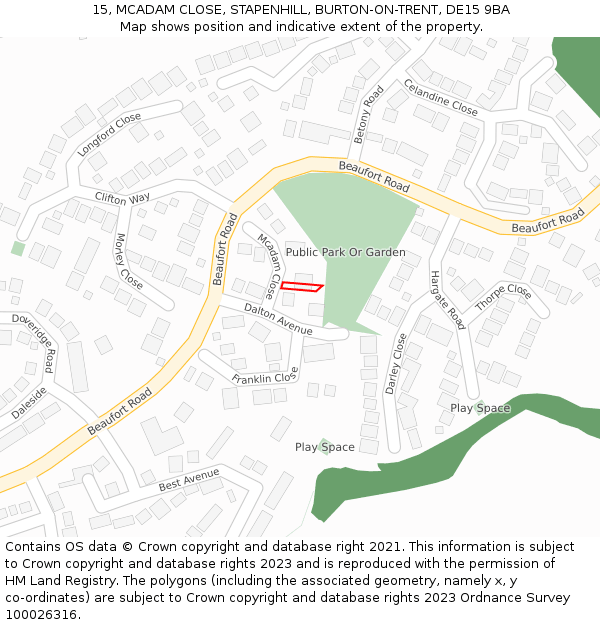 15, MCADAM CLOSE, STAPENHILL, BURTON-ON-TRENT, DE15 9BA: Location map and indicative extent of plot