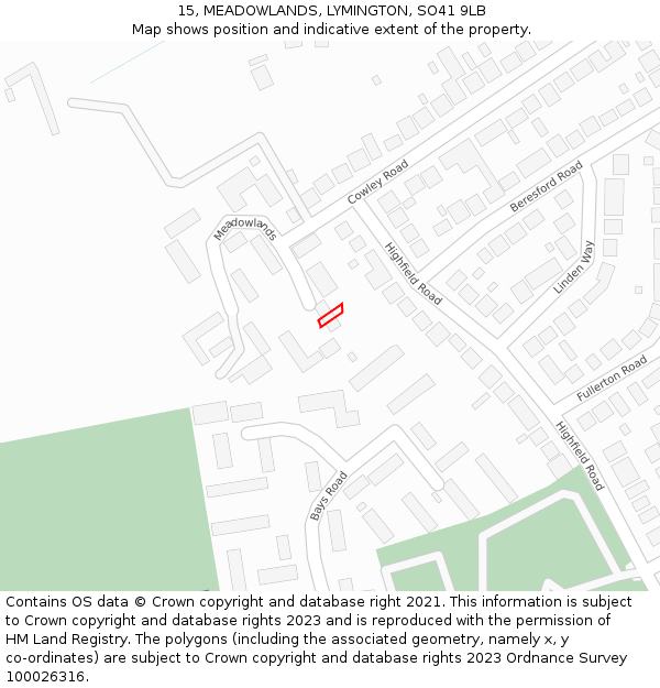 15, MEADOWLANDS, LYMINGTON, SO41 9LB: Location map and indicative extent of plot